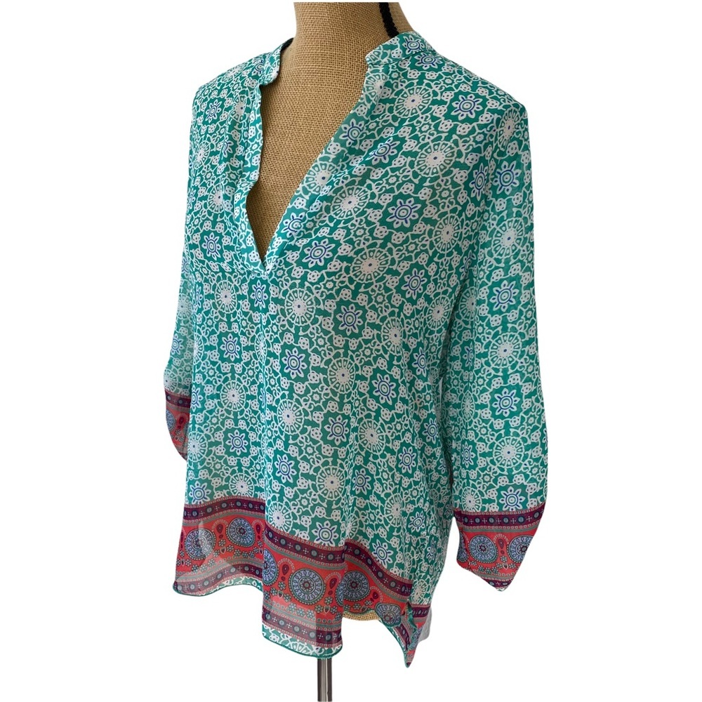 Poema Women Floral Green 3/4 Roll Up Sleeve Blouse Shirt Top Size M.